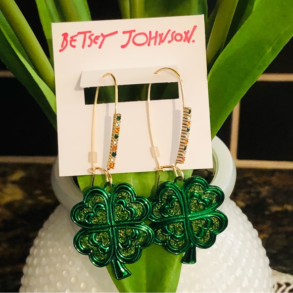 Authentic Betsey Johnson Four Leaf Clover, Shamrock Earrings W/Rhinestones NWT - Picture 2 of 11
